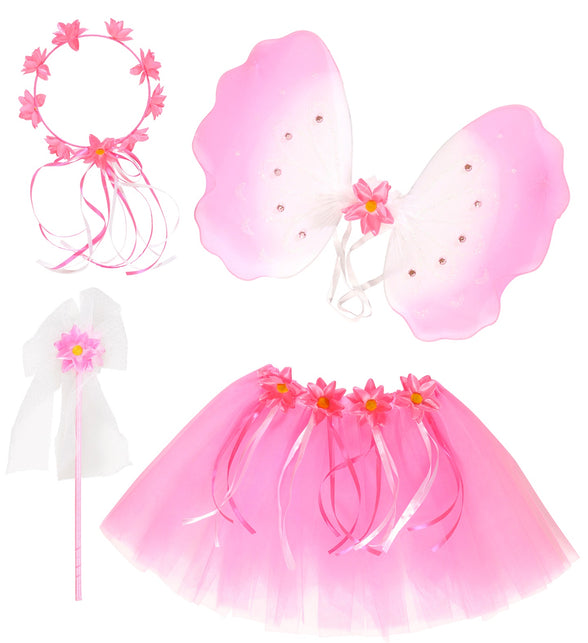Bloemenfee set Milou kind, tutu met vleugels haarband en toverstaf vooraanzicht