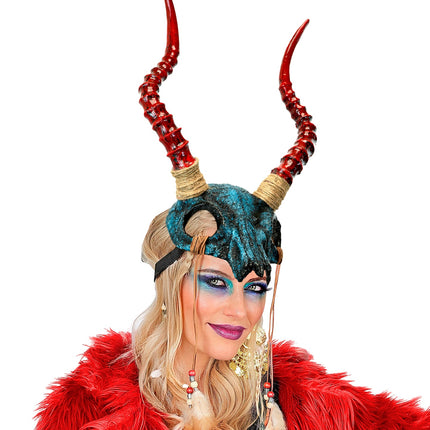 Sjamaan masker stier schedel met hoorns en veren sfeerbeeld – verkleedkleding