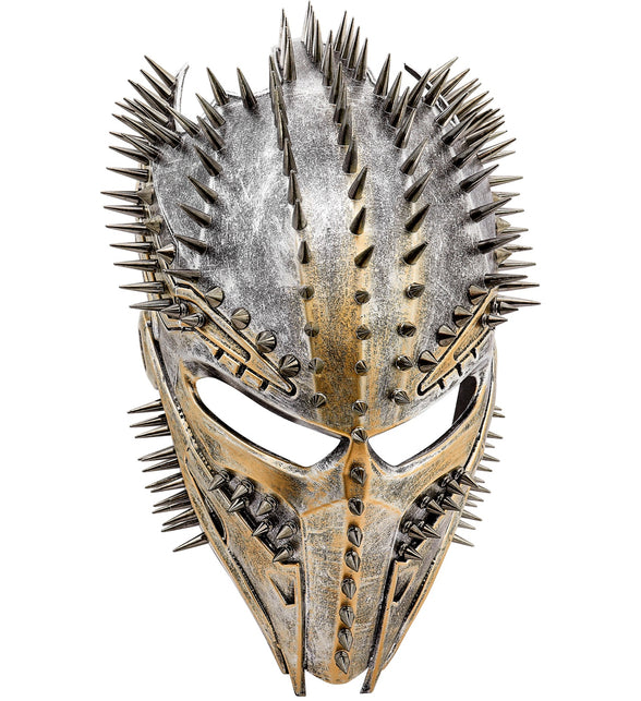 Alien masker predator met studs, zilver-goudkleurig gezichtsmasker met spitse punten, vooraanzicht