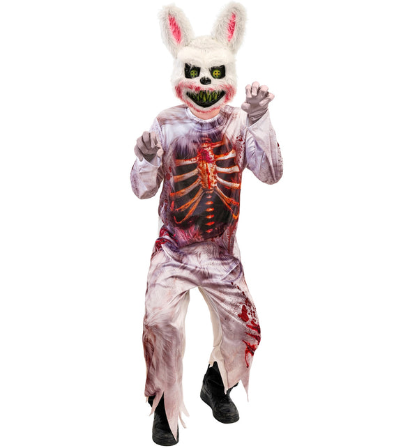 Zombie konijn jumpsuit jongens in vuilwit met bloedprint en ribbenkast, met pluizig konijnenmasker