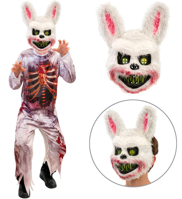 Konijnenmasker van de zombie konijn jumpsuit met roze oren, groene ogen en groene tanden