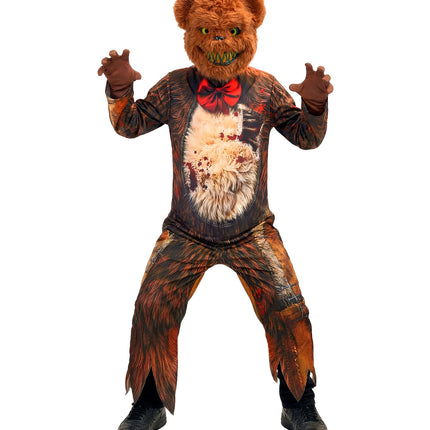 Zombie beer jumpsuit voor jongens vooraanzicht met opengereten buikprint en gerafelde pijpen