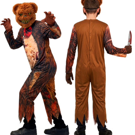 Achterkant van de zombie beer jumpsuit jongens, effen bruin met sluiting op de rug