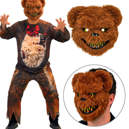 Beermasker van de zombie beer jumpsuit, bruin pluche met gele ogen en getande grijns