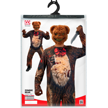 Verpakking van de zombie beer jumpsuit met masker en maattabel S tot XXL