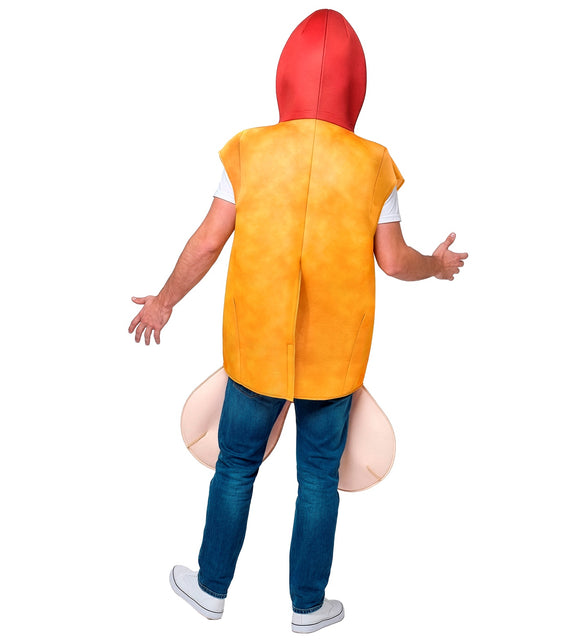 Achterkant hot cock kostuum heren: oranje broodrug met rode spitse capuchon