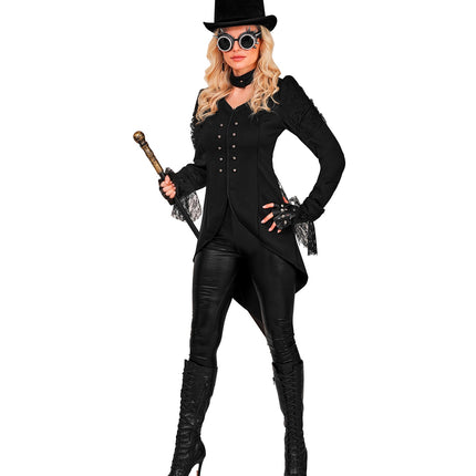 Zwarte gothic slipjas dames met pofschouders en lange kanten manchetten aan de mouw