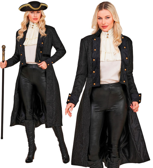 Victorian jas dames in zwart met reliëfprint en goudkleurige knopen, met lange achterpanden