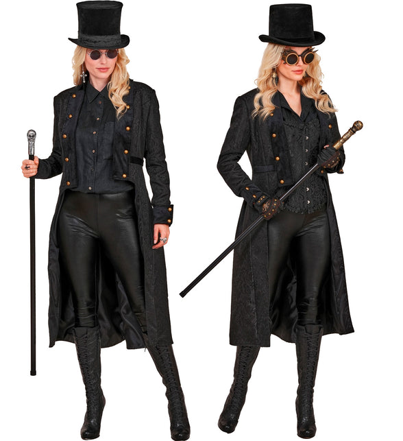 Zwarte victorian jas dames gedragen in een gothic look met hoge hoed, voor een themafeest