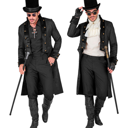 Zwarte victorian jas met fluwelen revers en lange achterpanden, gedragen in een gothic look