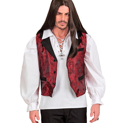 Wit veterhemd heren onder een donkerrood gilet, vampierlook