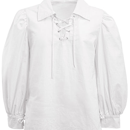Wit herenshirt zonder model, met veterhals en manchetten met strikbandjes