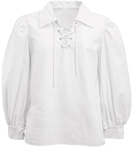Wit herenshirt zonder model, met veterhals en manchetten met strikbandjes