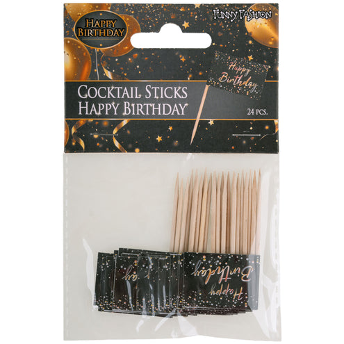 24 cocktailprikkers Happy Birthday in zakje met zwart-gouden ophangkaart van Funny Fashion