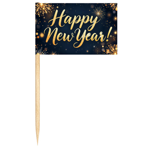 24 cocktailprikkers Happy New Year, zwart vlaggetje met gouden vuurwerk en sierletters voor oud en nieuw