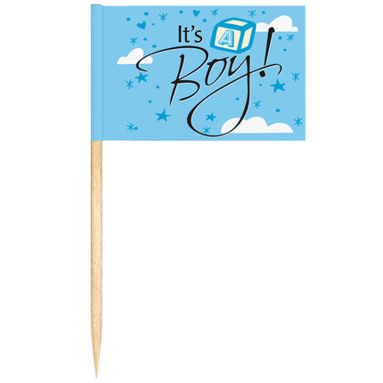 24 cocktailprikkers It's a Boy, lichtblauw vlaggetje met babyblokje, wolkjes en sterren voor de babyshower