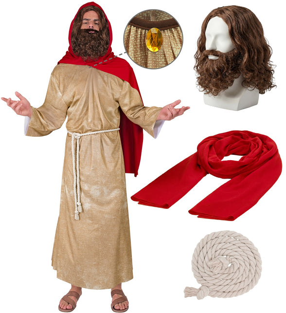 Messias kostuum heren compleet: goudkleurige tuniek, rode sjaal, koordriem en pruik met baard