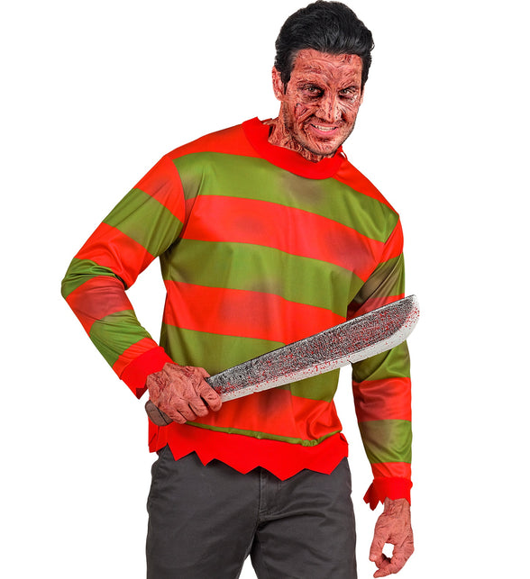 Fright night shirt heren met brede rood-groene strepen en gerafelde rode zoom voor Halloween