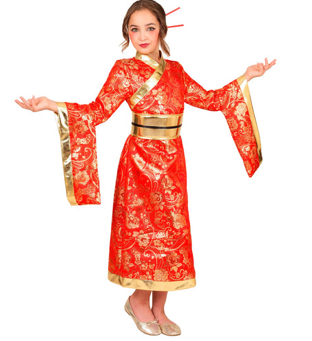Kimono jurk meisjes rood met gouden bloemenprint en gouden obi-riem, lange verkleedjurk