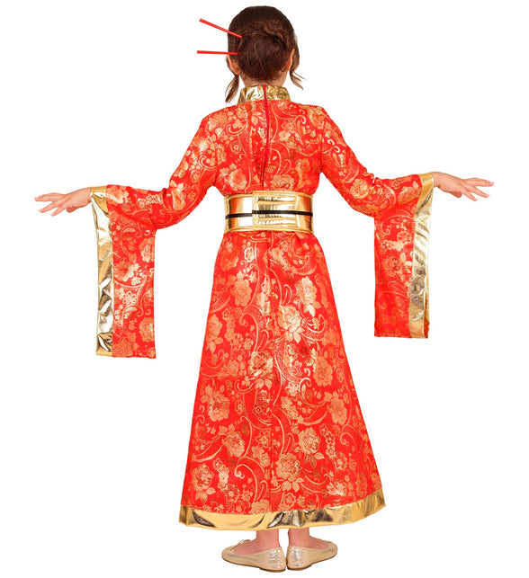 Achterkant van de rode kimono jurk voor meisjes met sluiting in de rug en gouden mouwranden