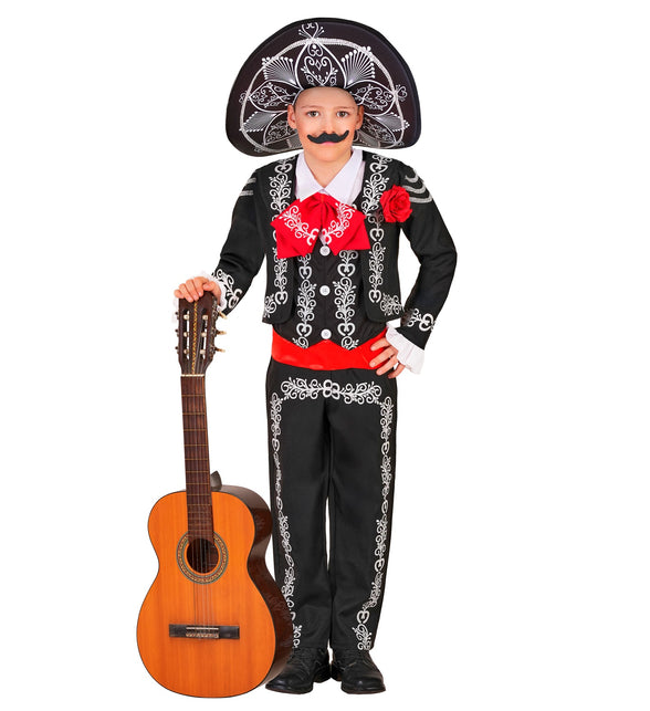Mariachi kostuum jongens met brede sombrero en rode strik, voor een Halloweenfeest