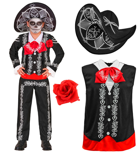Mariachi kostuum jongens met losse sombrero, rode roos en gilet met rode taillerand