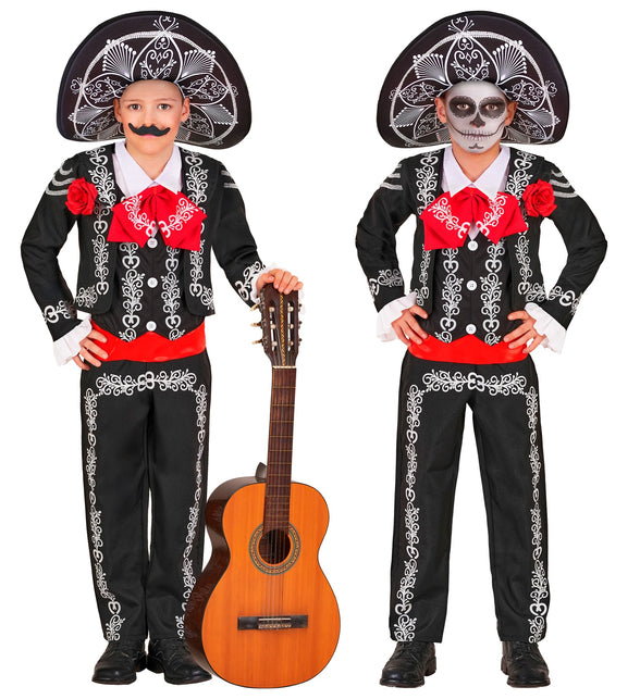 Mariachi Día de los Muertos kostuum jongens in zwart met witte krullen, rode strik en sombrero