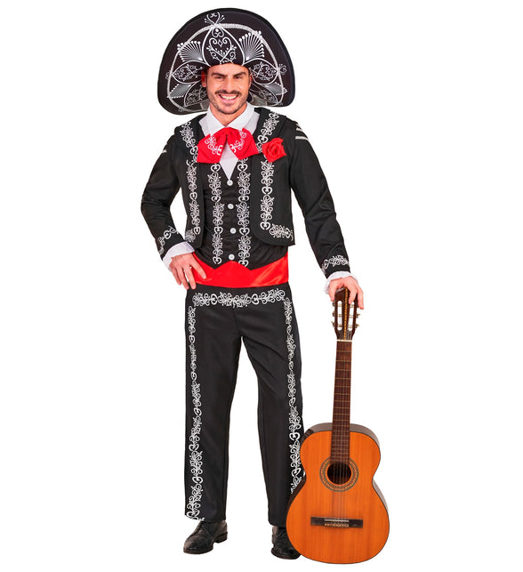 Zwart mariachi herenkostuum met wit sierborduursel op colbert en broekbenen, met brede sombrero