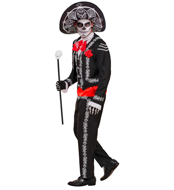 Mariachi Día de los Muertos kostuum heren zijaanzicht met kort colbert en rode ceintuurband