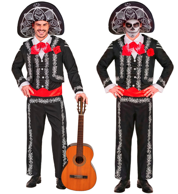 Mariachi Día de los Muertos kostuum heren in zwart met wit borduursel en rode strik voor Halloween
