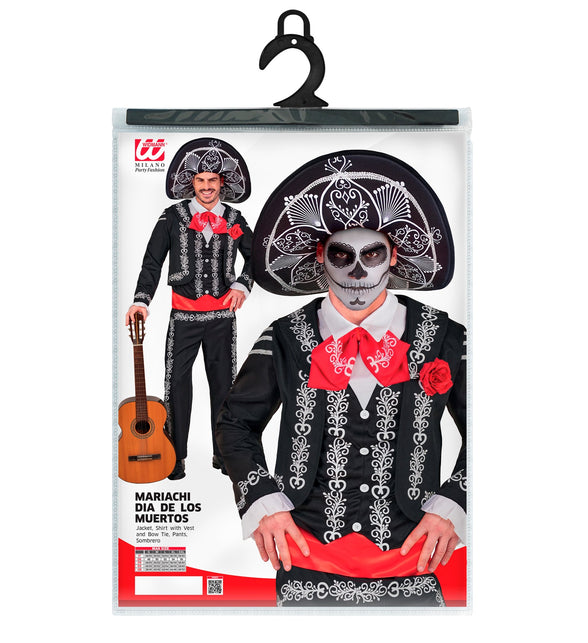 Verpakking van het mariachi Día de los Muertos kostuum heren met maattabel S tot XXL