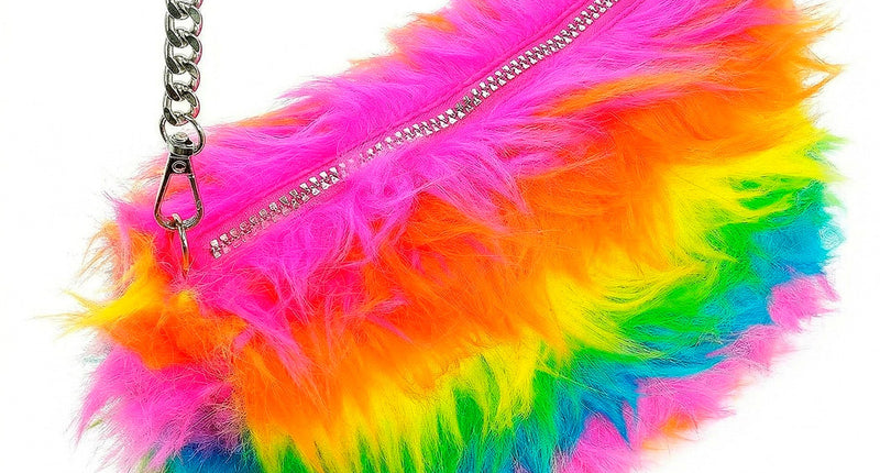Handtas lang pluche regenboog voor dames vooraanzicht – verkleedkleding