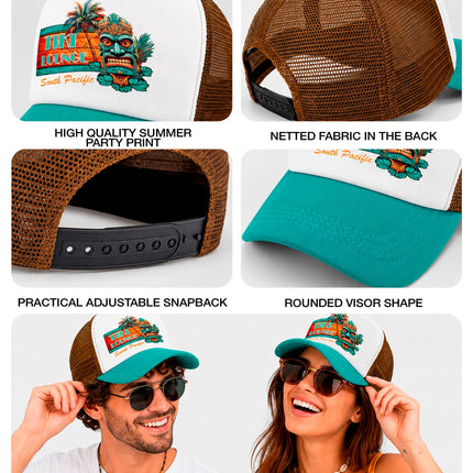Tiki pet detailbeelden: printvlak, bruin mesh, verstelbare snapback en afgeronde klep