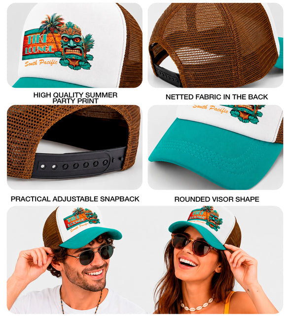 Tiki pet detailbeelden: printvlak, bruin mesh, verstelbare snapback en afgeronde klep
