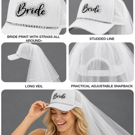 Detailfoto bride pet: strassteentjes, meshpanelen, lange sluier en verstelbare snapbacksluiting
