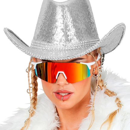 Cowboy hoed pailletten met strass zilver detailopname – hoeden