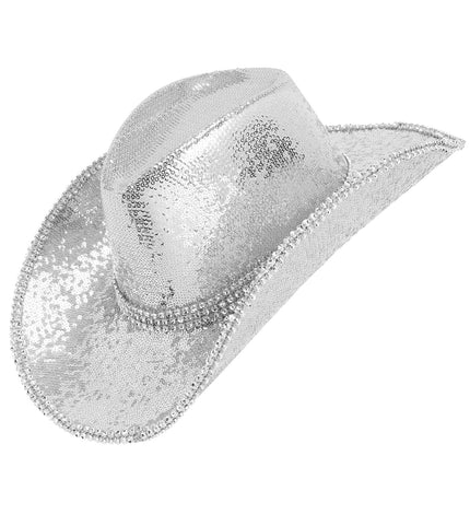 Cowboy hoed pailletten met strass zilver vooraanzicht – hoeden