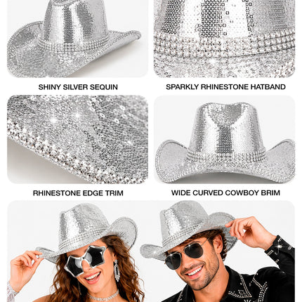 Cowboy hoed pailletten met strass zilver close-up – hoeden
