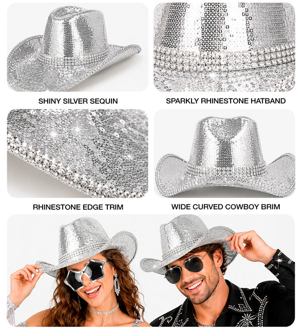 Detailcollage zilveren cowboyhoed: pailletten, strass hoedband en brede gebogen rand