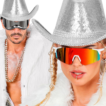 Cowboy hoed pailletten met strass zilver achterkant – hoeden
