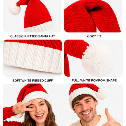 Detailcollage kerstmuts: geribde witte boord, volle pompon en gebreide steken