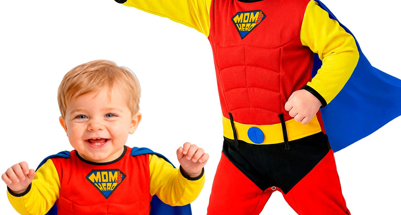 Superheld babyjumpsuit rood met gele mouwen, spierprint en blauwe cape voor jongens, verkleedfeest