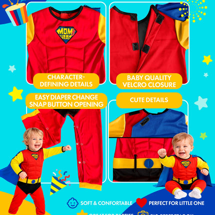 Detailfoto's superheld babyjumpsuit: klittenband bij de schouder en drukknopen in het kruis