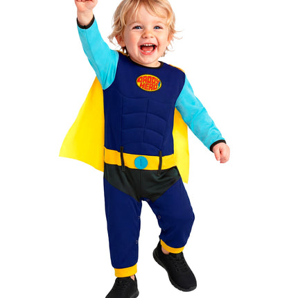 Superheldenjumpsuit baby jongens staand, lichtblauwe mouwen en gele boorden aan de enkels