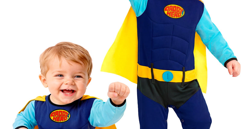 Superheldenpak baby in marineblauw met gele cape en spierenprint, in maat 80 en 98 cm