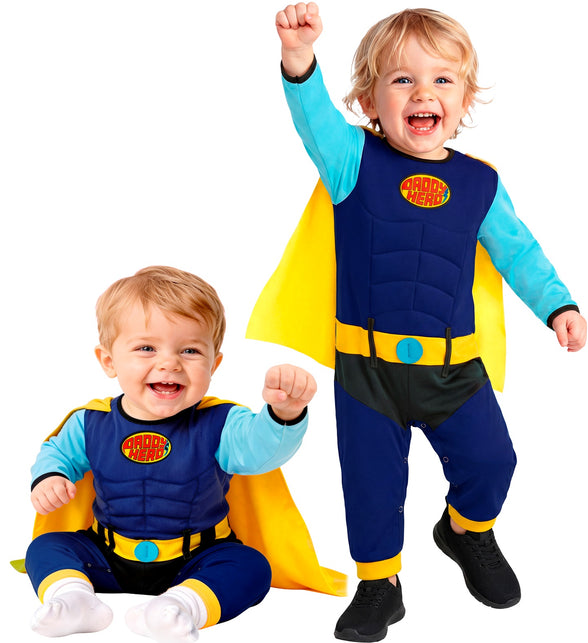 Superheldenpak baby in marineblauw met gele cape en spierenprint, in maat 80 en 98 cm