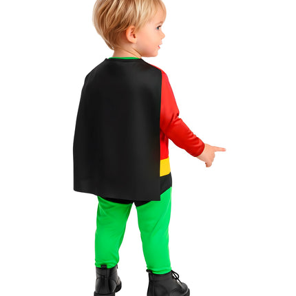 Achterkant van het superheldenpak voor baby's met zwarte cape over de rug