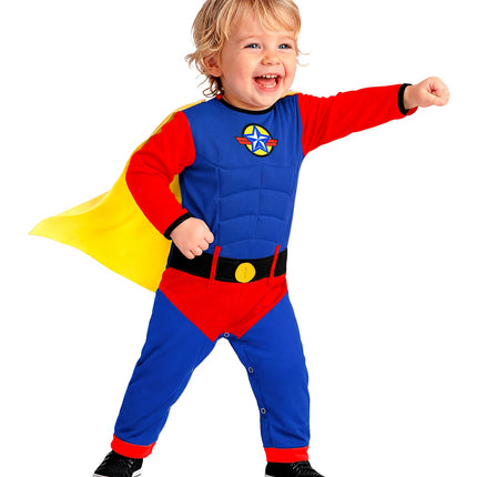 Superheld jumpsuit baby met zwarte riem, gele gesp en wapperende gele cape