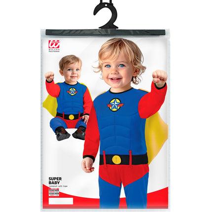 Verpakking superheld babypakje Widmann met jumpsuit en cape in maat 80 en 98 cm