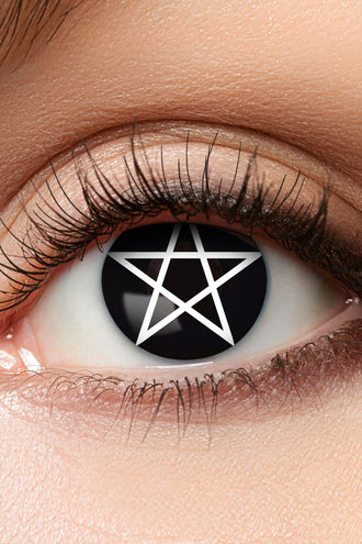3-maandslenzen pentagram in oog, zwarte lens met witte vijfpuntige ster voor Halloween